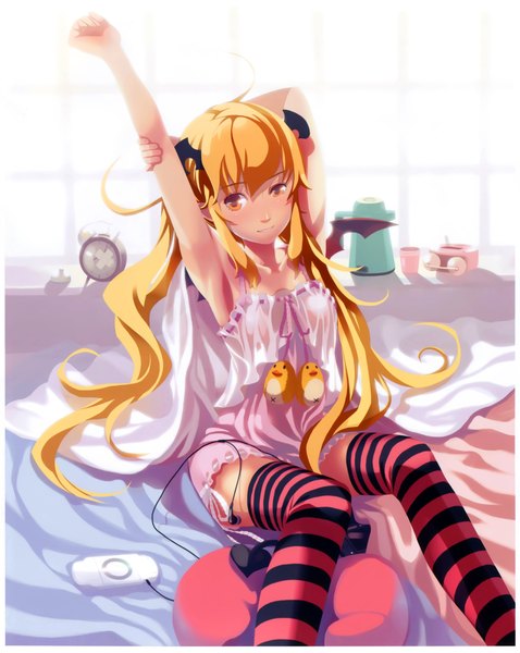 Anime picture 4396x5513 with original vofan single long hair tall image highres light erotic blonde hair sitting absurdres indoors horn (horns) sunlight scan arms up armpit (armpits) orange eyes grin demon girl demon tail