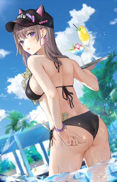 Anime picture 1000x1556 with original imo norio single long hair tall image looking at viewer blush fringe breasts open mouth light erotic hair between eyes brown hair large breasts standing purple eyes holding sky cloud (clouds) ass