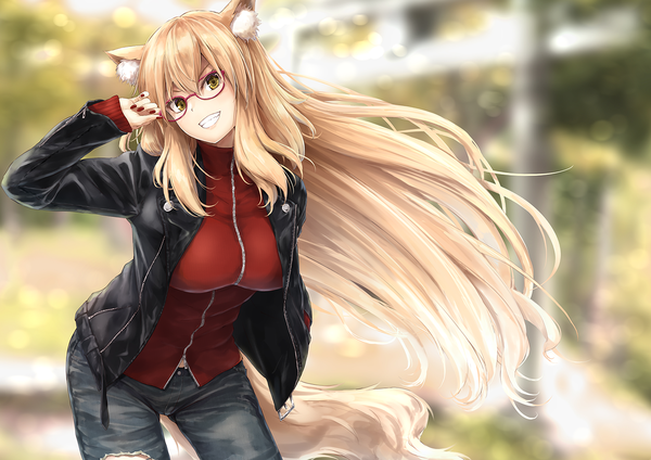 Anime picture 1447x1024 with fate (series) fate/grand order fate/extra ccc fox tail suzuka gozen (fate) suien single long hair looking at viewer fringe blonde hair smile hair between eyes standing animal ears yellow eyes payot tail nail polish head tilt animal tail