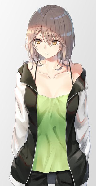 Anime picture 844x1629 with original piripun single long hair tall image fringe simple background hair between eyes brown hair brown eyes looking away cleavage grey background open jacket thigh gap hands in pockets girl jacket camisole