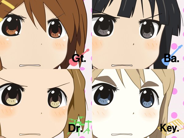 Anime picture 1280x960 with k-on! kyoto animation akiyama mio hirasawa yui kotobuki tsumugi tainaka ritsu multiple girls face parody hime cut girl 4 girls gununu tayu