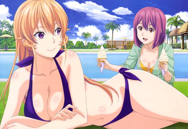 Anime picture 5972x4090 with shokugeki no soma j.c. staff nyantype nakiri erina arato hisako long hair highres short hair breasts open mouth light erotic blonde hair purple eyes multiple girls absurdres purple hair official art girl navel 2 girls