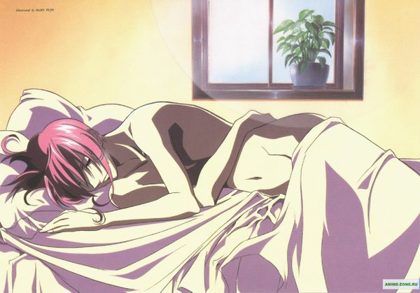 Anime picture 1240x867 with weiss kreuz ran fujimiya (aya) light erotic pink hair sleeping boy pillow bed