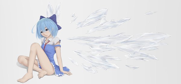 Anime picture 2560x1200 with touhou cirno tsukidaruma single fringe highres short hair blue eyes hair between eyes wide image sitting blue hair looking away full body ahoge barefoot grey background arm support bare legs short sleeves