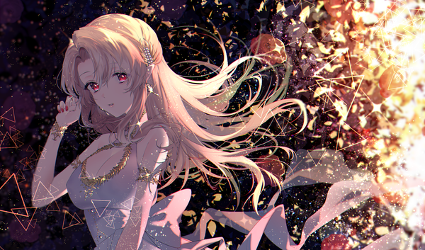 Anime picture 2400x1414 with original naomasap single long hair looking at viewer fringe highres breasts simple background blonde hair hair between eyes red eyes wide image large breasts standing cleavage nail polish parted lips arm up fingernails