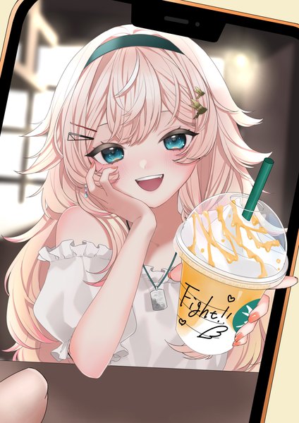 Anime picture 2894x4093 with virtual youtuber indie virtual youtuber starbucks natsuki tsubame koro ten single long hair tall image looking at viewer blush highres open mouth blonde hair :d aqua eyes text english head rest girl hairclip