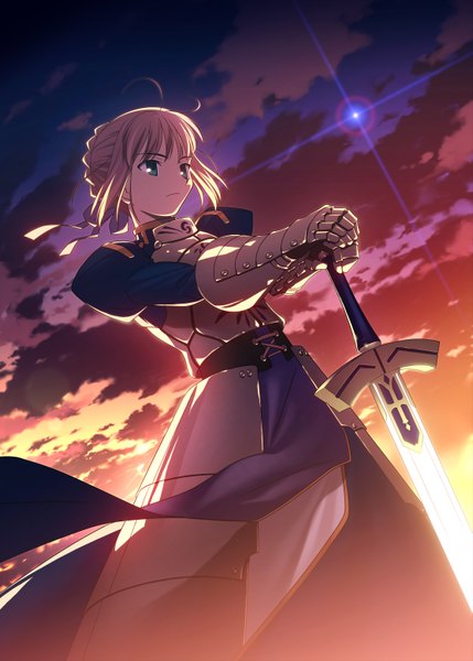 Anime picture 2221x3106 with fate (series) fate/stay night type-moon artoria pendragon (all) saber takeuchi takashi single long hair tall image fringe highres blue eyes blonde hair standing looking away sky cloud (clouds) braid (braids) long sleeves sunlight