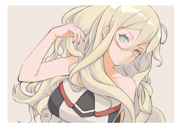Anime picture 1200x848 with kantai collection richelieu (kantai collection) ichiroku (sakumogu-029) single long hair looking at viewer fringe blue eyes simple background blonde hair hair between eyes bare shoulders upper body ahoge nail polish mole border mole under mouth red nail polish girl