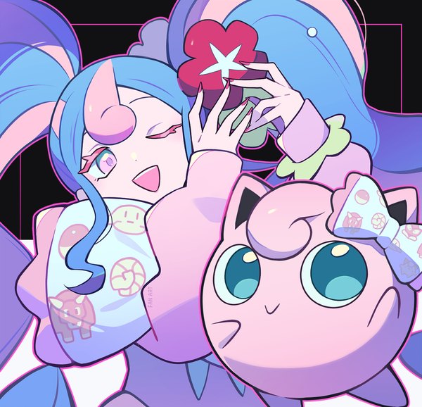 Anime picture 1100x1060 with pokemon vocaloid nintendo project voltage hatsune miku jigglypuff fairy miku (project voltage) sasa kado (redbluemoon74) single long hair looking at viewer open mouth simple background twintails blue hair pink hair upper body nail polish one eye closed pink eyes