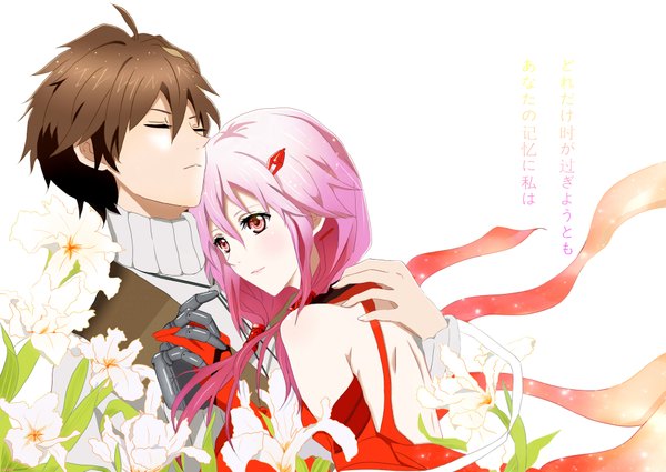 Anime picture 1920x1363 with guilty crown production i.g yuzuriha inori ouma shu yukilus long hair fringe highres short hair simple background hair between eyes red eyes brown hair white background twintails bare shoulders looking away pink hair upper body ahoge