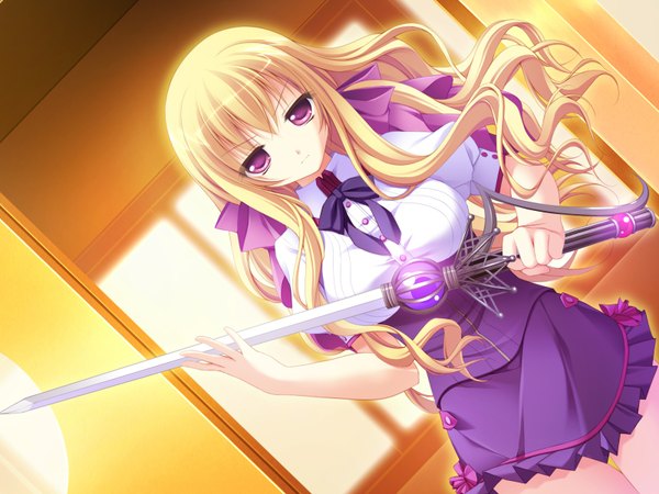 Anime picture 1600x1200 with deliverer! (game) long hair blonde hair game cg pink eyes girl weapon sword