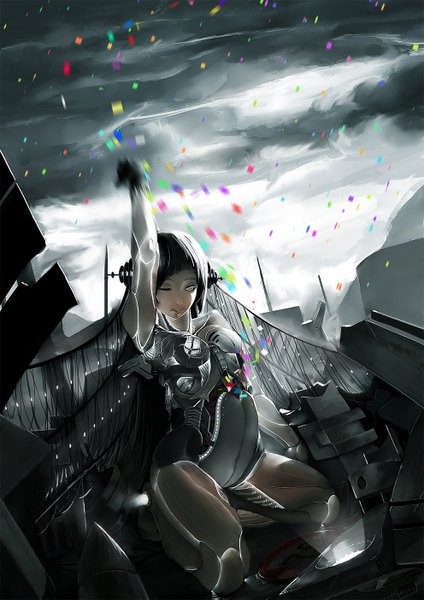 Anime picture 992x1403 with original karasu-san (syh3iua83) single long hair tall image fringe black hair sky cloud (clouds) one eye closed wink arms up grey eyes kneeling girl gloves wire (wires) robot mecha confetti