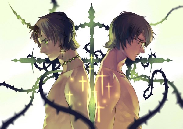 Anime picture 3507x2480 with black rock shooter joseph lee fringe highres short hair brown hair bare shoulders green eyes looking away absurdres eyes closed profile horn (horns) bare belly facial mark muscle back to back boy earrings choker