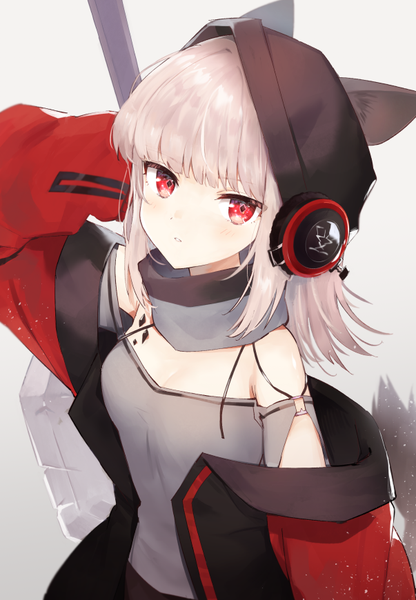 Anime picture 603x870 with arknights frostleaf (arknights) toufu mentaru zabuton single long hair tall image looking at viewer fringe simple background red eyes animal ears silver hair upper body blunt bangs grey background oripathy lesion (arknights) girl headphones cap