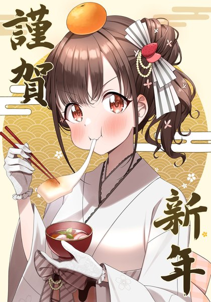 Anime picture 1434x2048 with idolmaster idolmaster shiny colors sonoda chiyoko gawawawa single tall image looking at viewer blush short hair red eyes brown hair upper body traditional clothes japanese clothes eating new year nengajou egasumi seigaiha object on head