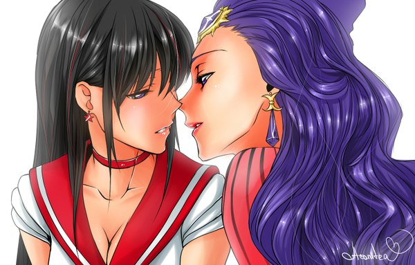 Anime picture 1407x900 with bishoujo senshi sailor moon toei animation hino rei sailor mars koan revolmxd long hair light erotic black hair simple background white background purple eyes multiple girls purple hair shoujo ai face to face almost kiss girl 2 girls earrings