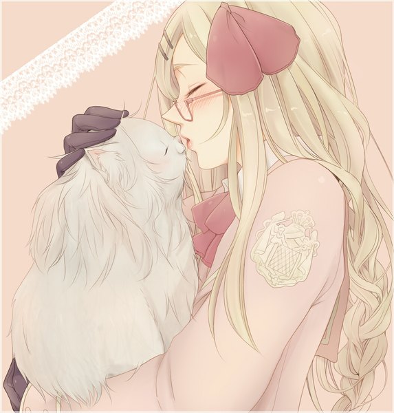 Anime picture 1050x1100 with axis powers hetalia studio deen monaco (hetalia) co (artist) long hair tall image blush simple background blonde hair holding braid (braids) eyes closed profile hug single braid face to face almost kiss girl gloves hair ornament