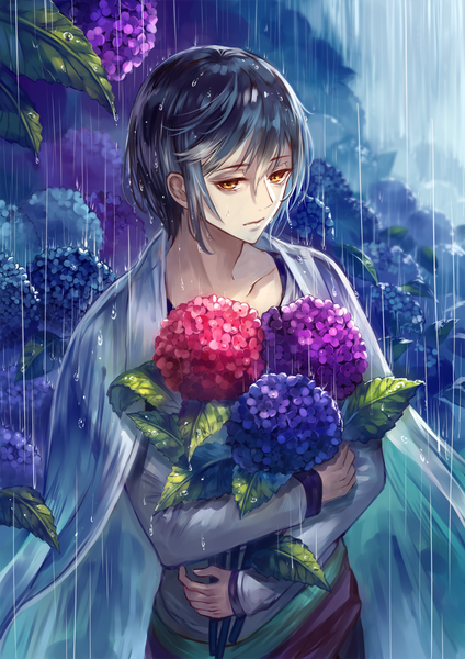 Anime picture 1000x1414 with original terai (teraimorimori) single tall image looking at viewer fringe short hair black hair hair between eyes standing holding yellow eyes payot outdoors long sleeves wet rain expressionless clothes on shoulders boy