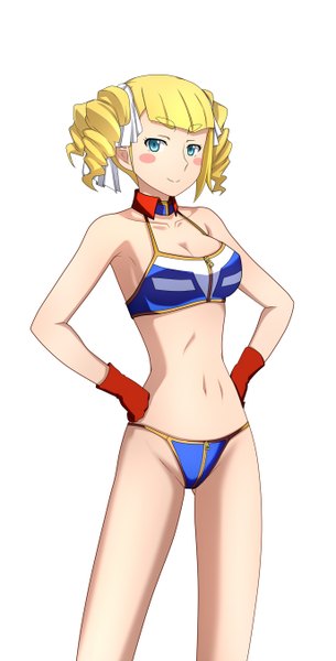 Anime picture 687x1350 with mobile suit gundam gundam build fighters sunrise (studio) yajima caroline kenken single tall image looking at viewer blush short hair blue eyes light erotic simple background blonde hair smile white background drill hair girl navel swimsuit