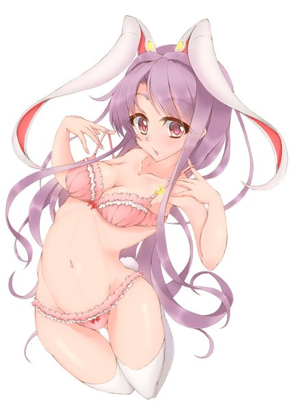 Anime picture 960x1344 with touhou reisen udongein inaba hiyo koiro single long hair tall image light erotic white background animal ears yellow eyes purple hair tail animal tail pink eyes bunny ears underwear only bunny tail girl thighhighs navel