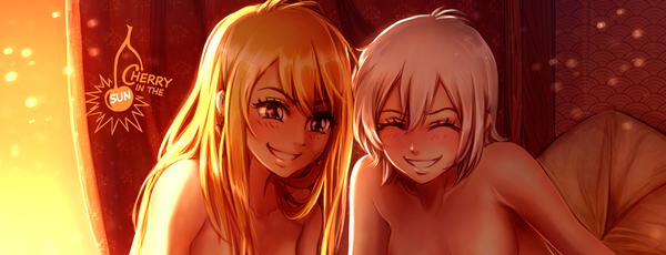 Anime picture 2766x1059 with fairy tail lucy heartfilia natsu dragneel lisanna strauss cherryinthesun long hair blush fringe highres short hair breasts light erotic blonde hair smile hair between eyes wide image bare shoulders multiple girls signed yellow eyes