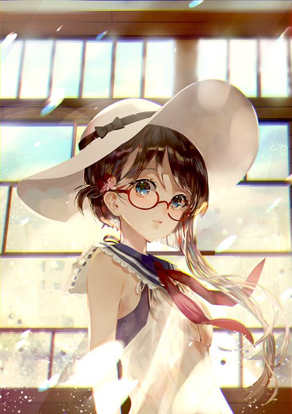 Anime picture 620x879 with original say hana single long hair tall image looking at viewer blush fringe blue eyes brown hair upper body parted lips wind blurry sparkle sleeveless girl dress hair ornament bow