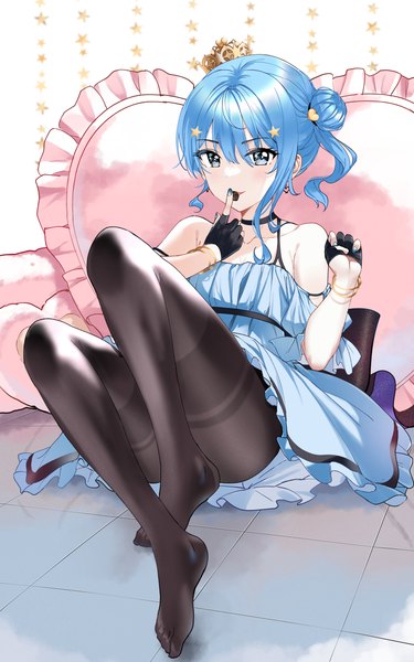 Anime picture 2500x4000 with virtual youtuber hololive hoshimachi suisei nonbire single tall image looking at viewer blush fringe highres short hair blue eyes light erotic hair between eyes sitting bare shoulders payot blue hair full body bent knee (knees)