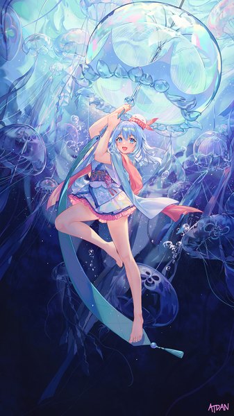 Anime picture 800x1422 with vocaloid synthesizer v haiyi atdan single tall image looking at viewer blush fringe short hair open mouth blue eyes smile hair between eyes holding signed blue hair full body :d wide sleeves