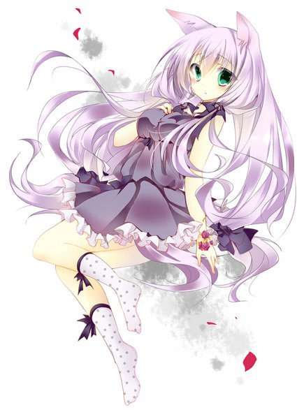 Anime picture 752x1062 with original umino mizu single long hair tall image looking at viewer blush green eyes animal ears purple hair tail animal tail polka dot girl dress petals socks frills polka dot legwear