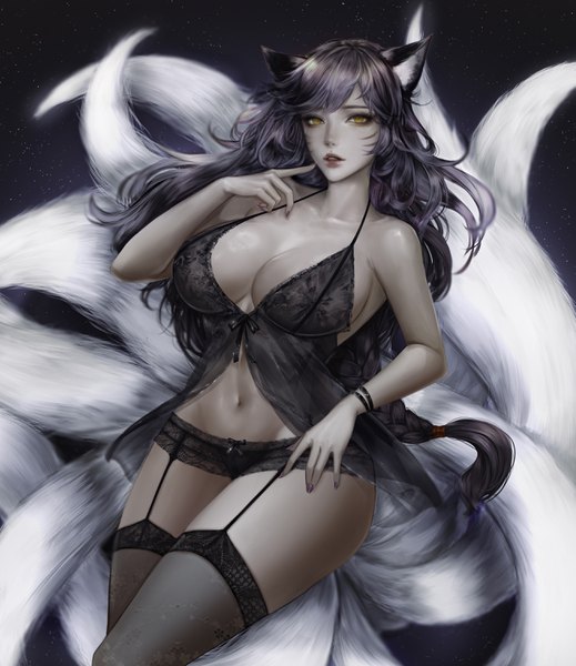 Anime picture 2618x3024 with league of legends ahri (league of legends) lohel single long hair tall image looking at viewer fringe highres breasts light erotic black hair simple background large breasts bare shoulders animal ears cleavage tail nail polish parted lips