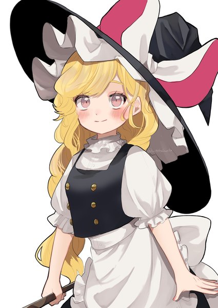 Anime picture 1254x1770 with touhou unfinished dream of all living ghost kirisame marisa uchisaki himari single long hair tall image blush simple background blonde hair smile white background looking away pink eyes puffy sleeves girl hat witch hat