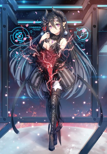 Anime picture 700x1007 with original roang single long hair tall image looking at viewer fringe breasts black hair hair between eyes standing bare shoulders holding signed full body pink eyes horn (horns) pointy ears fur trim gradient hair