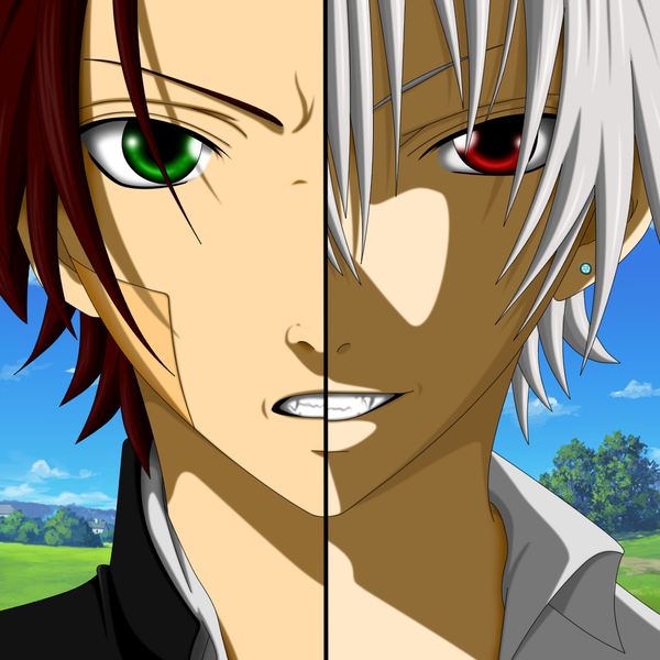 Anime picture 1000x1000 with boku wa ookami keita (boku wa ookami) ookami (boku wa ookami) flowerinhell looking at viewer short hair blonde hair red eyes brown hair green eyes sky silver hair cloud (clouds) multiple boys grin bandaid on face boy plant (plants) shirt tree (trees)