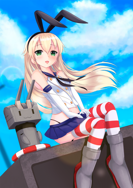 Anime picture 1062x1500 with kantai collection shimakaze destroyer kirimoti34 single long hair tall image blush open mouth light erotic blonde hair sitting green eyes sky cloud (clouds) bunny ears girl thighhighs gloves miniskirt elbow gloves