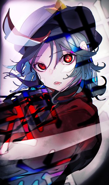 Anime picture 991x1684 with touhou miyako yoshika maimuro single tall image looking at viewer short hair open mouth red eyes blue hair upper body girl hat flat cap