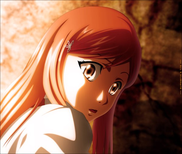 Anime picture 1250x1060 with bleach studio pierrot inoue orihime slipknot31 single long hair open mouth brown eyes looking back orange hair coloring portrait light face girl hair ornament hairclip wall