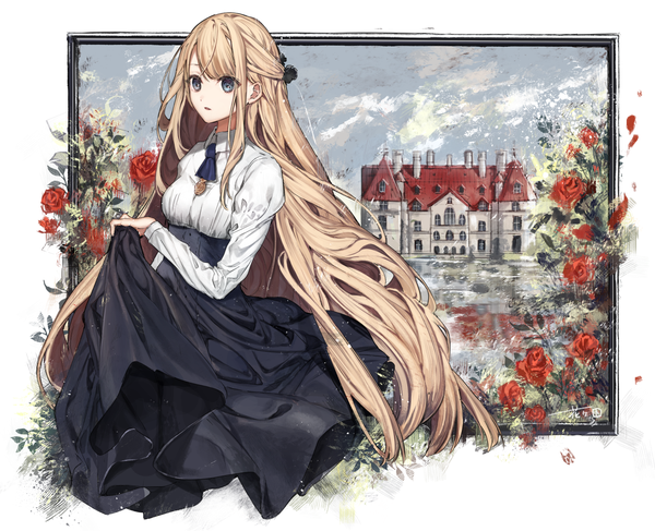 Anime picture 1291x1049 with original hanagata single fringe blue eyes blonde hair white background holding looking away sky cloud (clouds) outdoors long sleeves very long hair parted lips puffy sleeves reflection framed underbust girl
