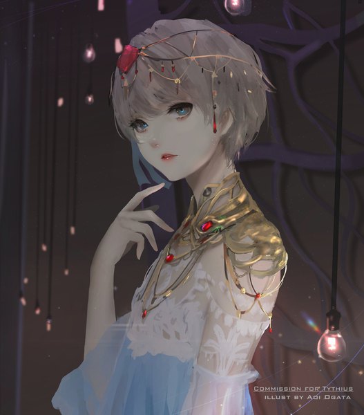 Anime picture 1620x1845 with original aoi ogata single tall image fringe short hair blue eyes signed looking away upper body lips grey hair lipstick red lipstick girl hair ornament jewelry wire (wires) light bulb