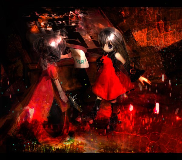 Anime picture 1280x1124 with original 86thunder long hair brown hair multiple girls black eyes girl dress 2 girls detached sleeves bracelet gun cross red dress