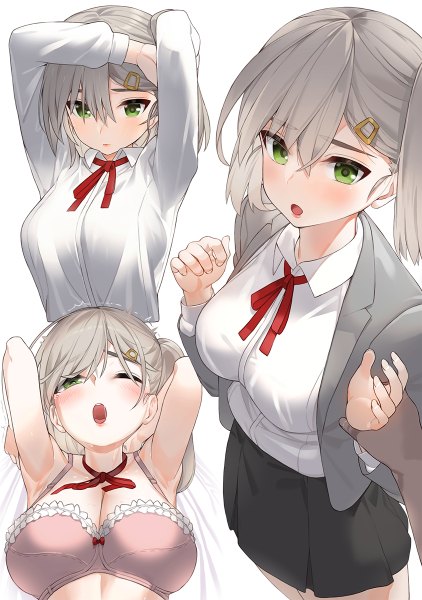 Anime picture 844x1200 with original kfr tall image looking at viewer blush fringe short hair breasts open mouth light erotic simple background hair between eyes large breasts standing white background green eyes cleavage upper body one eye closed grey hair