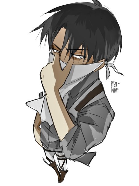 Anime-Bild 900x1200 mit shingeki no kyojin production i.g levi (rivaille) bev-nap single tall image fringe short hair black hair simple background hair between eyes white background signed looking away arm up from above inscription silver eyes hand on face boy