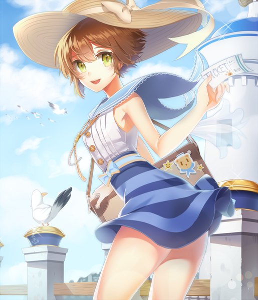 Anime picture 800x932 with sword girls asmis hara carchat single tall image fringe short hair open mouth smile brown hair green eyes sky cloud (clouds) looking back eyebrows girl dress animal belt bird (birds)