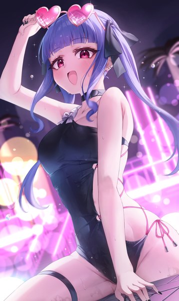 Anime picture 3400x5695 with original morros single long hair tall image looking at viewer blush fringe highres breasts open mouth light erotic smile red eyes twintails blue hair absurdres outdoors blunt bangs nail polish