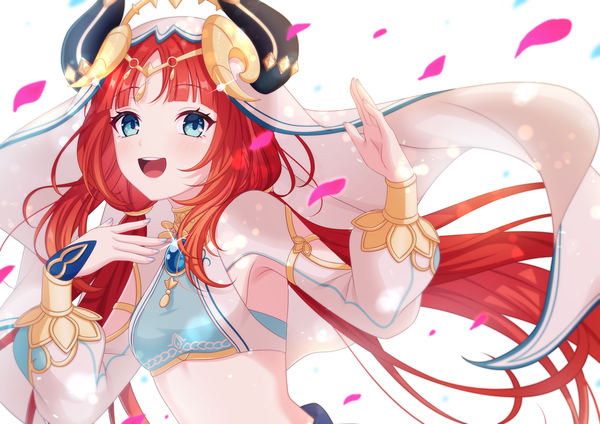 Anime picture 4093x2894 with genshin impact nilou (genshin impact) pochimaru (marumaru wanwan) single long hair looking at viewer fringe highres open mouth blue eyes white background twintails absurdres red hair blunt bangs :d sparkle midriff low twintails girl