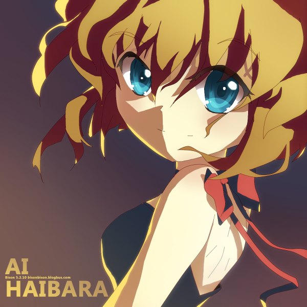 Anime picture 1200x1200 with detective conan ai haibara bison cangshu single short hair blue eyes simple background blonde hair bare shoulders girl bow