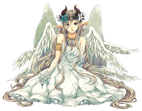 Anime picture 2050x1600 with original matsuki (mikipingpong) single looking at viewer fringe highres blue eyes simple background blonde hair white background sitting bare shoulders very long hair hair flower horn (horns) pointy ears angel wings white wings multiple wings girl