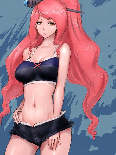 Anime picture 810x1080 with battle spirits magisa fumio (rsqkr) single long hair tall image looking at viewer breasts open mouth light erotic standing bare shoulders pink hair cleavage midriff orange eyes hand on hip wavy hair sketch wide hips