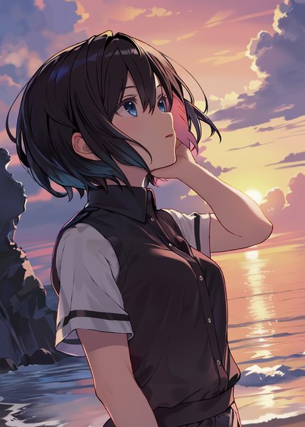 Anime picture 1072x1500 with original yuna rebun single tall image blush fringe short hair open mouth blue eyes black hair hair between eyes looking away sky cloud (clouds) upper body outdoors multicolored hair short sleeves evening sunset