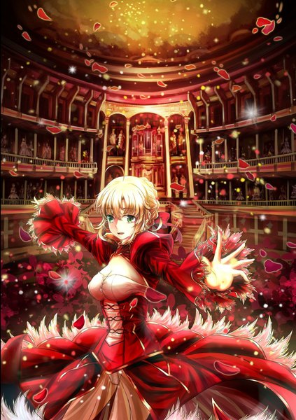 Anime picture 741x1050 with fate (series) fate/extra type-moon nero claudius (fate) (all) nero claudius (fate) jianren single tall image looking at viewer short hair open mouth blue eyes blonde hair girl dress flower (flowers) petals