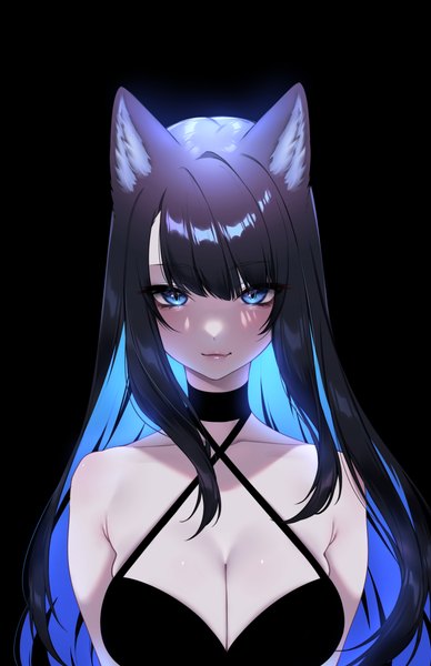 Anime picture 3850x5950 with original reiko (tofuubear) tofuubear single long hair tall image looking at viewer blush fringe highres breasts blue eyes light erotic black hair simple background large breasts bare shoulders animal ears blue hair absurdres